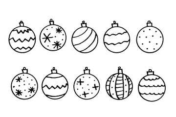 Set of Christmas tree ball isolated on white background. New year and xmas outline, doodle, sketch, hand drawn. Simple illustration for greeting cards, calendars, prints, children's coloring book