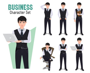 Businessman vector character set. Business man office characters in holding laptop, working and thinking pose and gestures for male employee cartoon design collection. Vector illustration.
