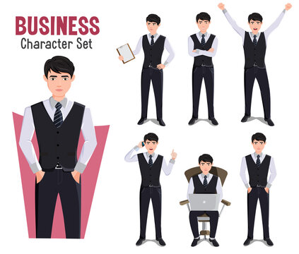 Business man vector characters set. Businessman character in white background with standing, working and celebrating pose and gestures for employee male cartoon design. Vector illustration.