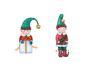 Christmas set cute elves isolated on a white background. Cute fairy-tale characters. Dwarfs. Watercolor illustration.