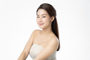 Obraz premium Beautiful young asian woman with clean fresh skin on white background, Face care, Facial treatment, Cosmetology, beauty and spa, Asian women portrait