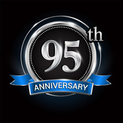 Celebrating 95th anniversary logo. with silver ring and blue ribbon.