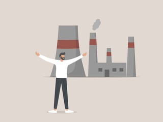  air pollution has decreased since the coronavirus quarantine concept, 
a happy man breathes fresher air due to decreased factory production activities.