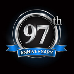 Celebrating 97th anniversary logo. with silver ring and blue ribbon.