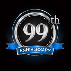 Celebrating 99th anniversary logo. with silver ring and blue ribbon.