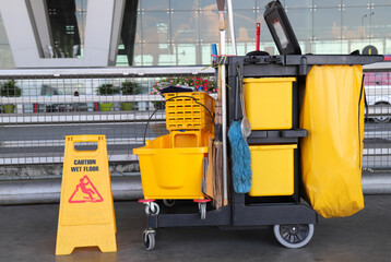 Closeup of janitorial, cleaning equipment  and tools for floor cleaning.