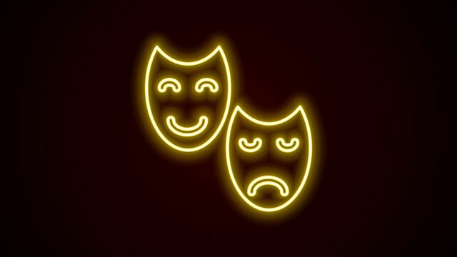 Glowing neon line Comedy and tragedy theatrical masks icon isolated on black background. 4K Video motion graphic animation