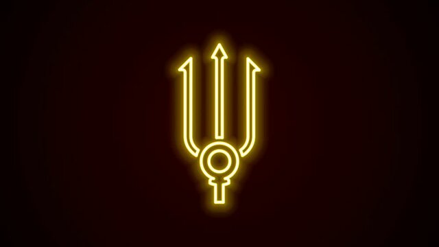 Glowing neon line Neptune Trident icon isolated on black background. 4K Video motion graphic animation