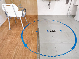 Interior of Wheelchair rotation area in the bathroom for the disabled or elderly people.