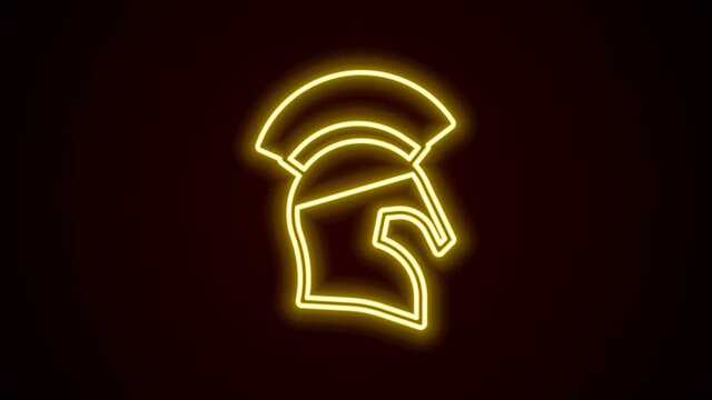 Glowing neon line Greek helmet icon isolated on black background. Antiques helmet for head protection soldiers with a crest of feathers or horsehair. 4K Video motion graphic animation
