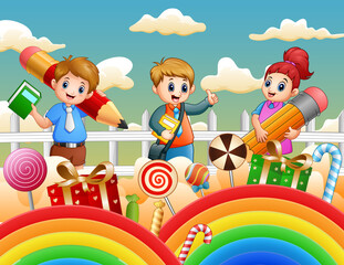 Obraz na płótnie Canvas Children in fantasy land with candy illustration