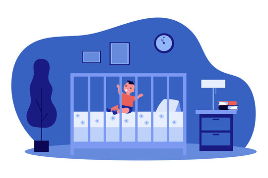 Little Baby Crying In Cot At Night. Room, Newborn, Toddler Flat Vector Illustration. Childhood And Weeping Concept For Banner, Website Design Or Landing Web Page