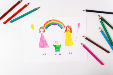 Child's drawing by colored pencils of LGBT family. Top view. Two mothers and their son. Rainbow....