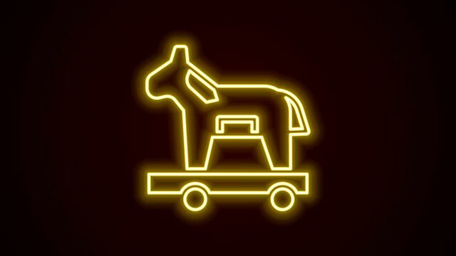Glowing neon line Trojan horse icon isolated on black background. 4K Video motion graphic animation