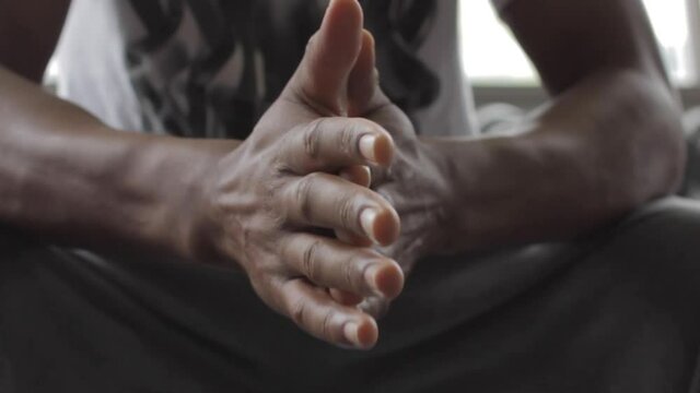 Black Male Athlete Rubs Hands Together Before Workout, Game, Close Up