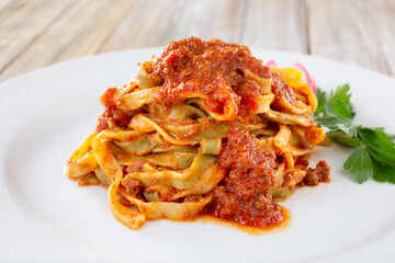 A view of a plate of fettuccine ragout.