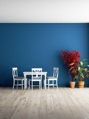 3d rendering. Blue interior. Plants against a blue wall. Dining table in blue interior