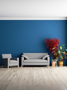 3d rendering. Blue salon. Plants against the blue wall. Gray sofa in blue interior