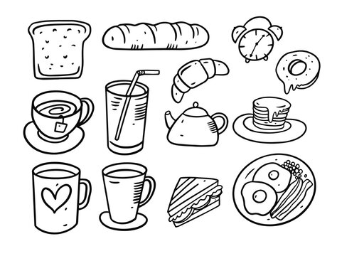 Breakfast elements doodle set. Hand drawn vector illustration.
