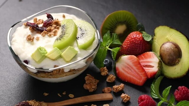 Footage of Yogurt with granola and fruits