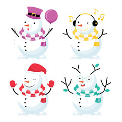 Christmas and new year seasonal. collection feature a colorful snowman wearing hat and scarf