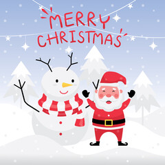 Christmas and new year festive collection feature light blue greeting card with merry christmas text, santa claus, and snowman