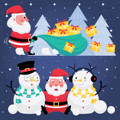 Christmas and new year festive collection feature picture set of santa claus with gift box, christmas tree and snowman on dark blue background
