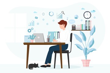 Man working on laptop at home or home office vector Flat illustration concept design, Freelance or blogger Working From home and Study at home concept.