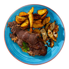 Delicious beef steak with baked potatoes and artichokes served at the plate. Isolated over white background