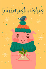 Postcard with a cute Christmas pig. Vector graphics.