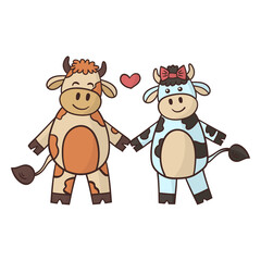 Fototapeta premium Cartoon couple bull and cow. Symbol of the year 2021.