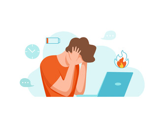 Professional burnout syndrome exhausted man tired sitting at her workplace in office holding her head 