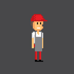 The seller in the hypermarket. Pixel art. Old school computer graphic. 8 bit video game. Game assets 8-bit sprite. 16-bit.