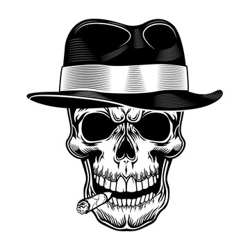 Gangster skull vector illustration. Head of skeleton in hat with cigar in mouth. Criminal and mafia concept for gang emblems or tattoo templates