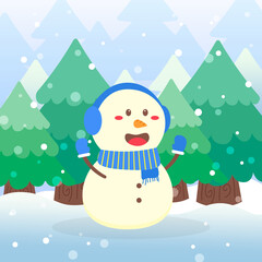 Cute Snowman Christmas Character waving hands on scene winter landscape