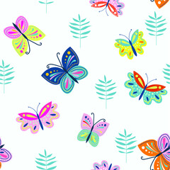 Fototapeta na wymiar Seamless vector pattern with the image of bright butterflies and floral elements. Trendy background and template for printing on children's fabrics. Hand drawn digital illustration