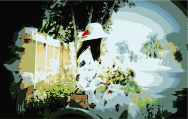 jeune femme romantique chapeau fleur assise (pop art abstrait vectoriel) - 390291432