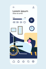 Sad disabled young man resting in bed. Insomnia, wheelchair, night flat vector illustration. Disability, loneliness, sadness concept for banner, website design or landing web page