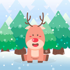 Cute Deer Christmas Character sitting on scene winter landscape