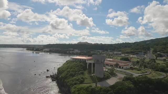 Aerial shot flying by the latte of freedom on the tropical island Guam