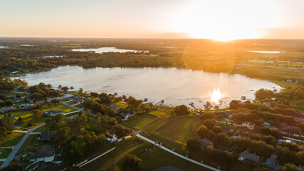 "Clermont, FL / USA - 11-4-2020: Aerial view of Sawmill Lake in South Clermont during sunset."