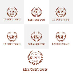 set 10, 20, 30, 40, 50, 60, 70, 80, 90, 100 years anniversary logo template. Vector and illustration