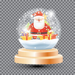 Magic Christmas Crystal Ball with Santa Claus, Gift Boxes and Fir Tree. Glass Souvenir Snow Ball on Transparent Grid.