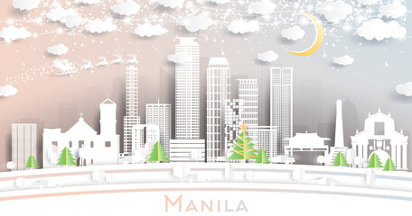 Manila Philippines City Skyline in Paper Cut Style with Snowflakes, Moon and Neon Garland.