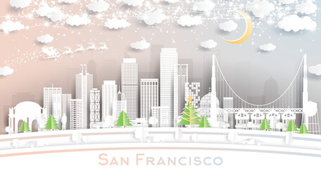 Fototapeta premium San Francisco California USA City Skyline in Paper Cut Style with Snowflakes, Moon and Neon Garland.