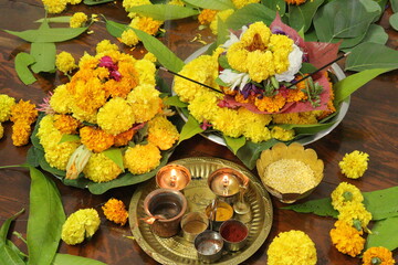 colorful flowers stacked up to create bathukamma, a specific hindu god worshiped in south india