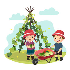 Vector illustration cartoon of a little boy and girl picking vegetables in the garden. Kids doing housework chores at home concept. © kankhem