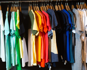 Assortment of summer and autumn clothing in modern garment store interior