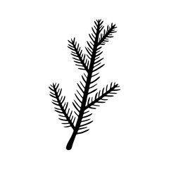 Hand drawn spruce branch isolated on a white background. Christmas elements. Doodle, simple outline illustration. It can be used for decoration of textile, paper.