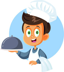 Cute Little Chef Boy Holding Cloche Platter
